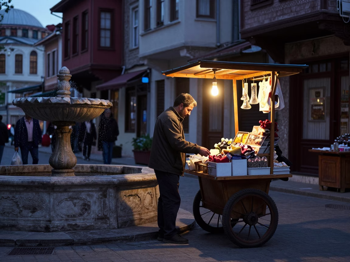 Istanbul Turkey Dawn Street Scene with Glass Tumbler and Local Commerce in in Istanbul, Turkey