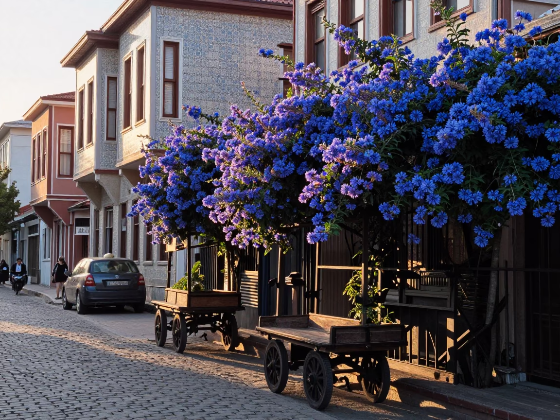 Istanbul Turkey Dawn Street Scene with Rolling Carts and Blue Plumbago Hedge in in Istanbul, Turkey