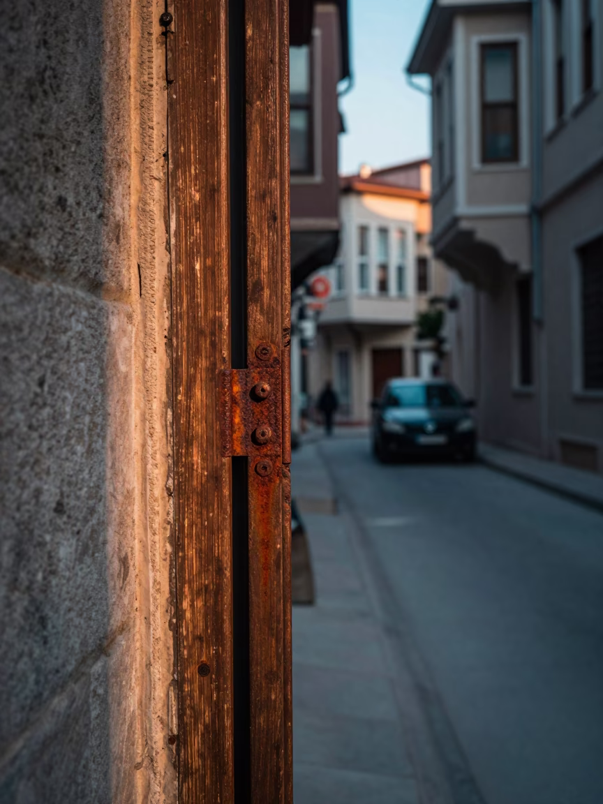 Istanbul Turkey Dawn Street Scene with Rusty Hinge and Glass Cabinet in in Istanbul, Turkey