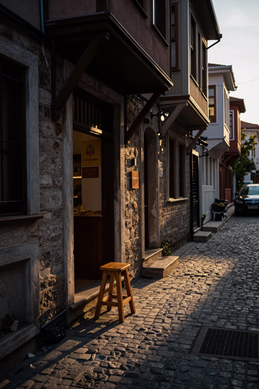 Istanbul Turkey Dawn Street Scene with Work Stool and Local Morning Activity in in Istanbul, Turkey