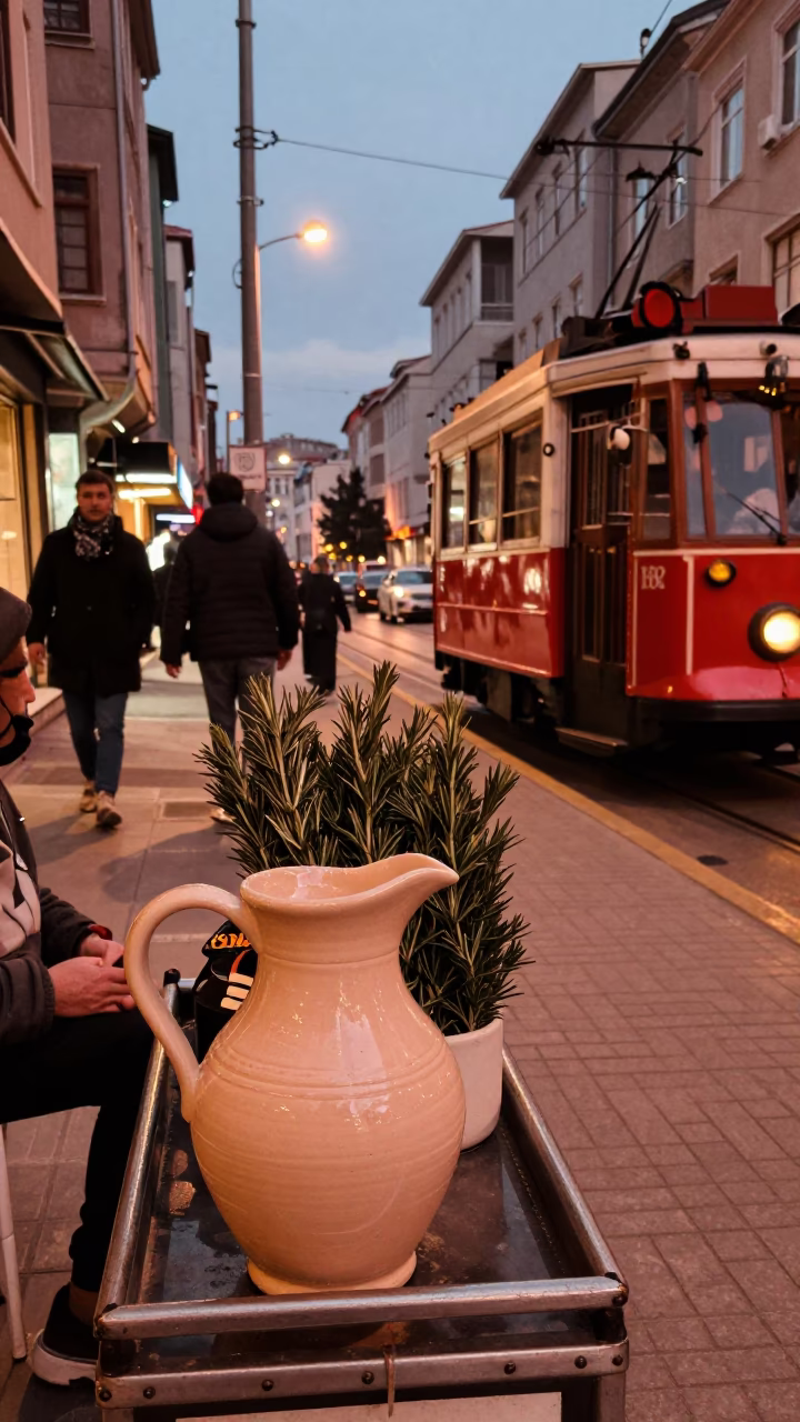 Istanbul Turkey Dusk Street Scene with Ceramic Pitcher and Tram in in Istanbul, Turkey