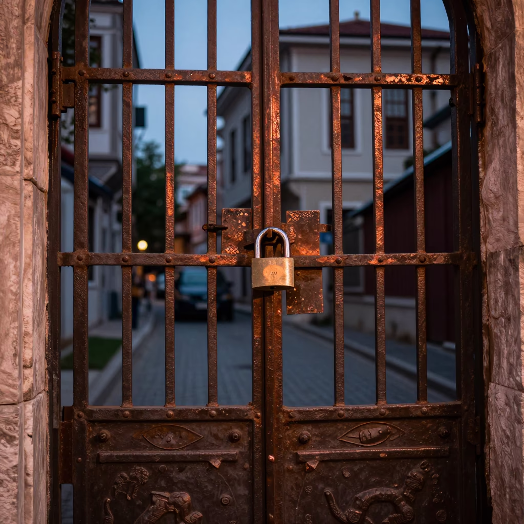 Istanbul Turkey Dusk Street Scene with Padlock on Historic Gate and Copper Light in in Istanbul, Turkey