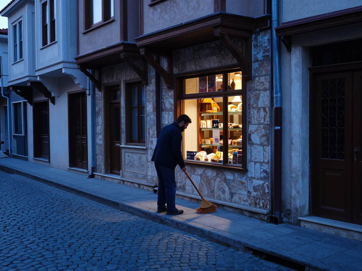 Istanbul Turkey Early Morning Street Scene Before Sunrise With Local Bakery And Traditional Architecture in in Istanbul, Turkey