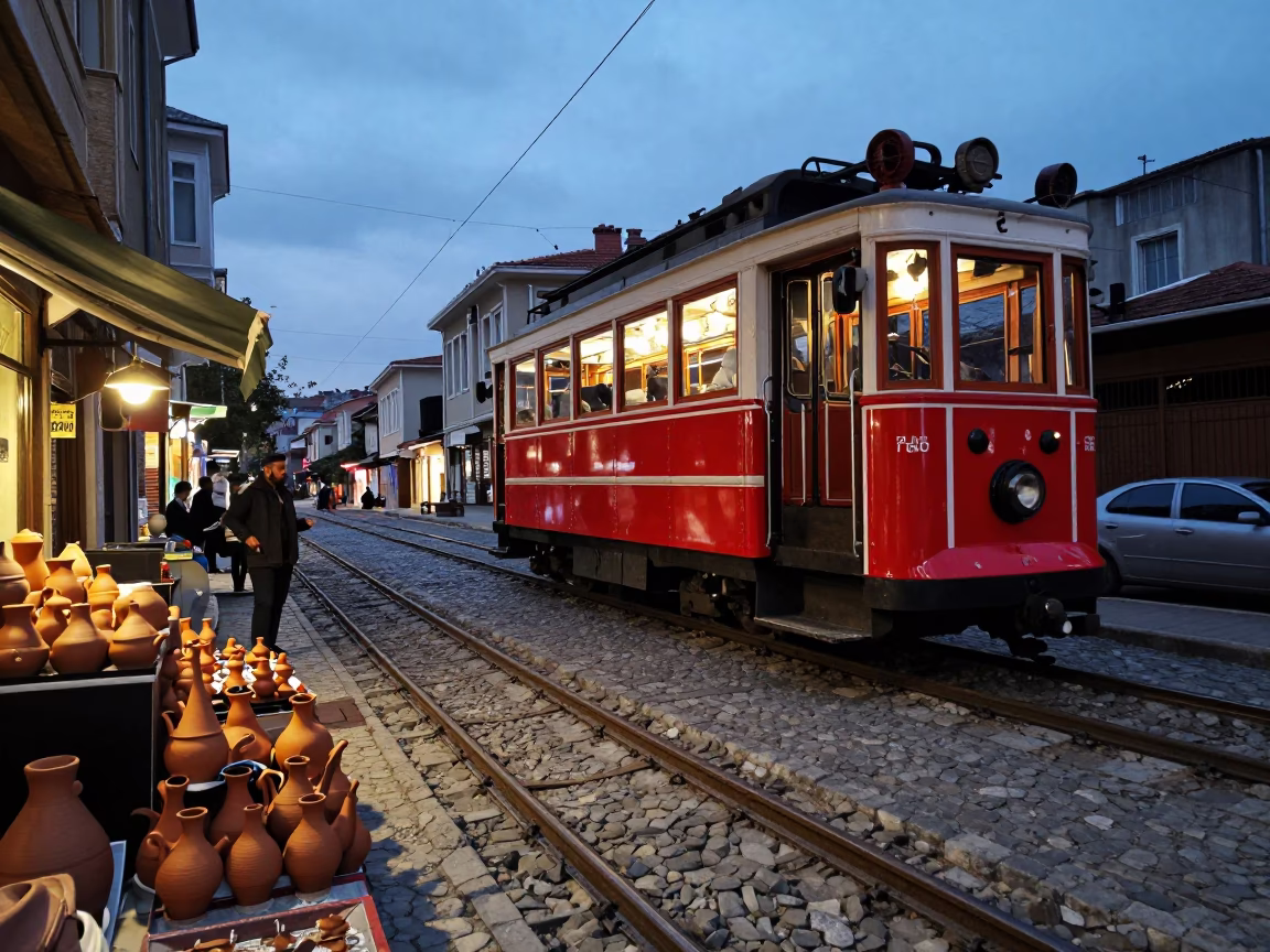 Istanbul Turkey Evening Funicular Railway Climb Clay Teapot Seller Street Scene in in Istanbul, Turkey