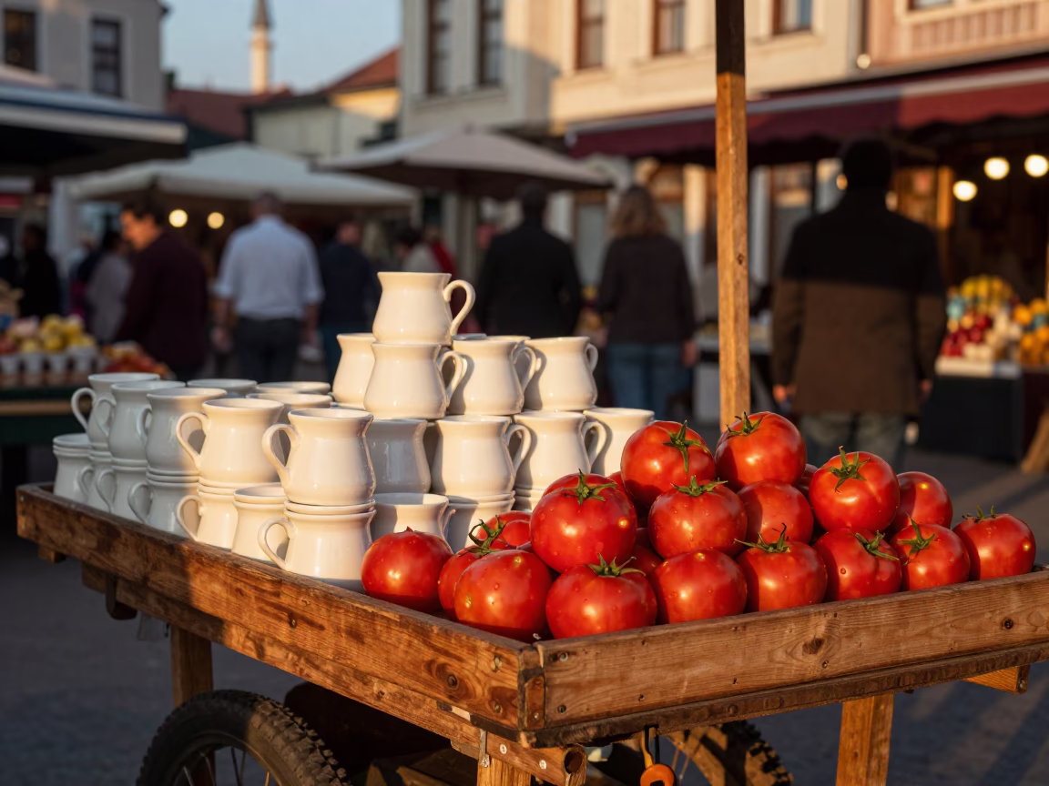 Istanbul Turkey Evening Market Scene with Ceramic Mugs and Tomatoes in in Istanbul, Turkey