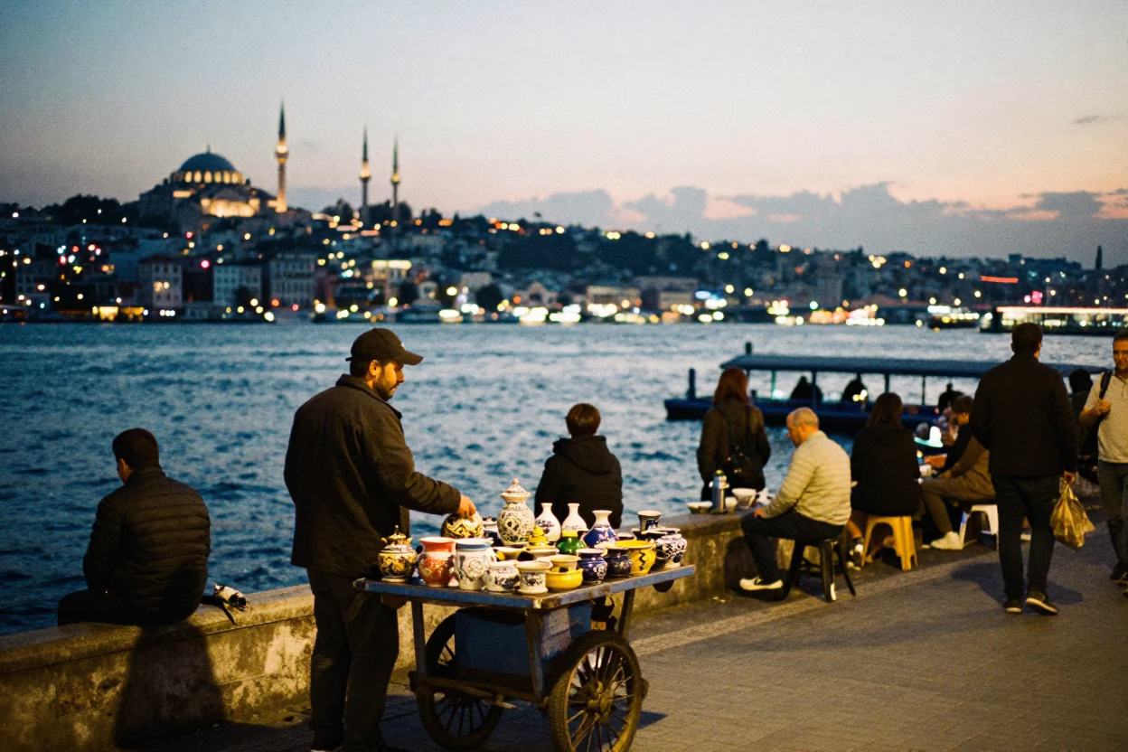 Istanbul Turkey Evening Street Scene with Bosphorus Lights and Local Vendor in in Istanbul, Turkey
