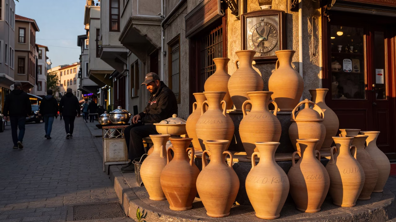 Istanbul Turkey Evening Street Scene with Ceramic Pots and Metal Turnbuckle in in Istanbul, Turkey