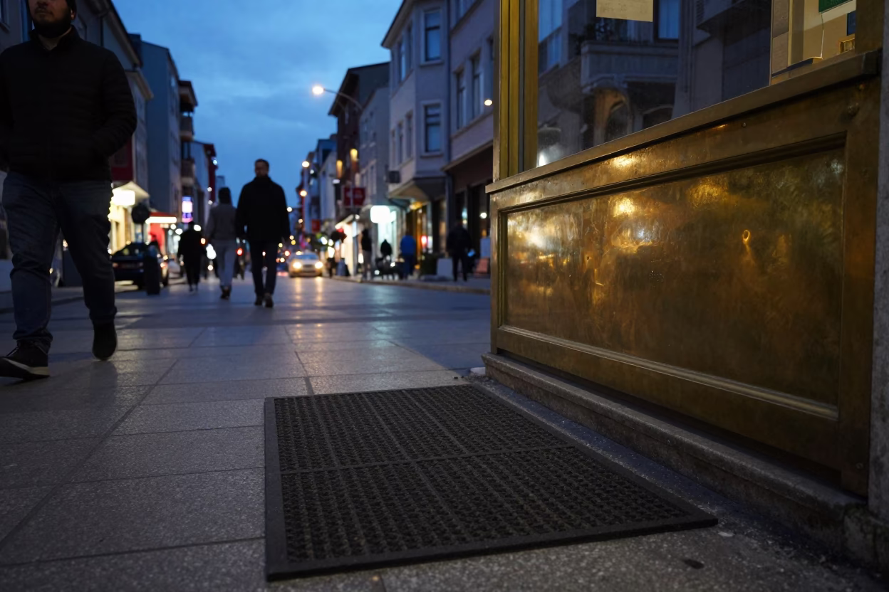 Istanbul Turkey Evening Street Scene with Doormat and Brass Countertop in in Istanbul, Turkey