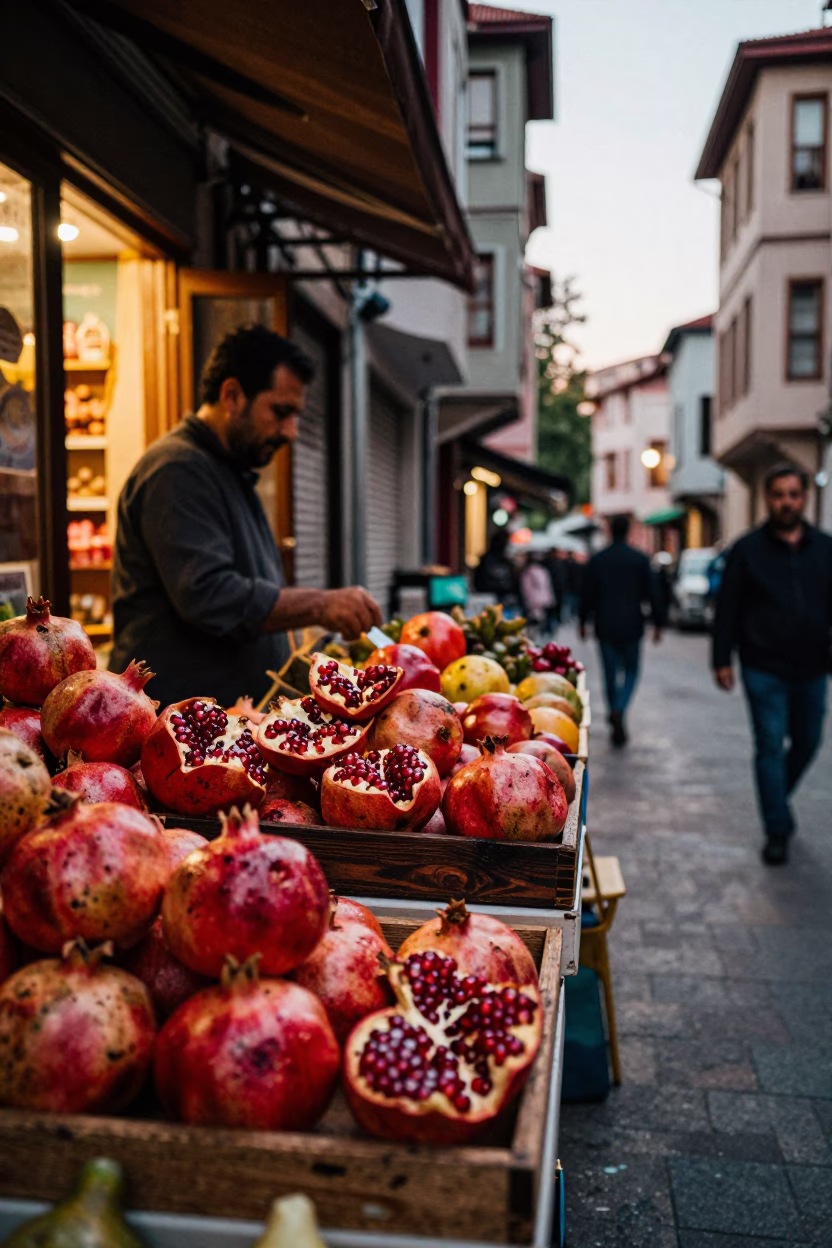 Istanbul Turkey Evening Street Scene with Pomegranate and Local Life in in Istanbul, Turkey