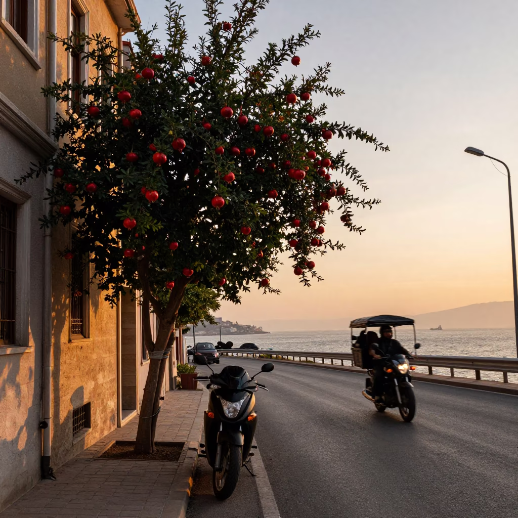Istanbul Turkey Evening Street Scene with Pomegranate Tree and Motorcycle Convoy in in Istanbul, Turkey