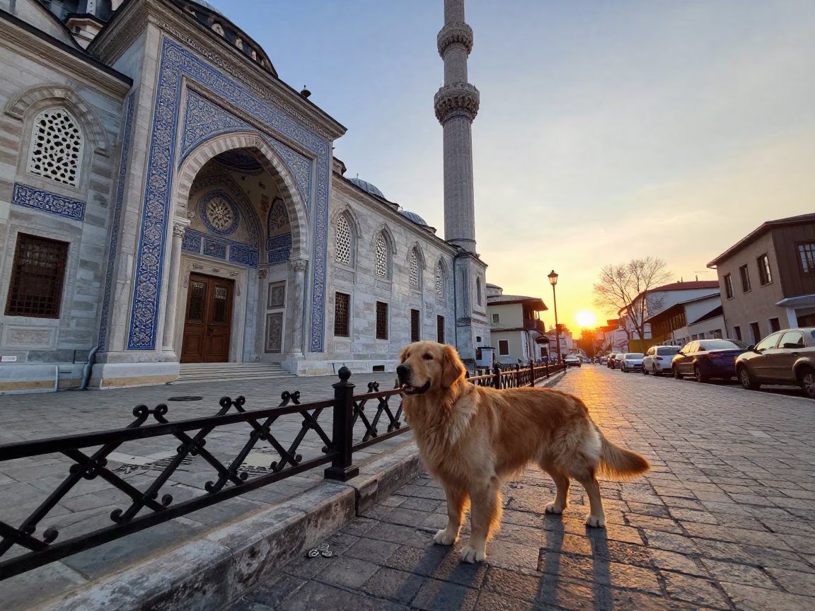 Istanbul Turkey Golden Hour Street Scene with Golden Retriever and Historic Architecture in in Istanbul, Turkey