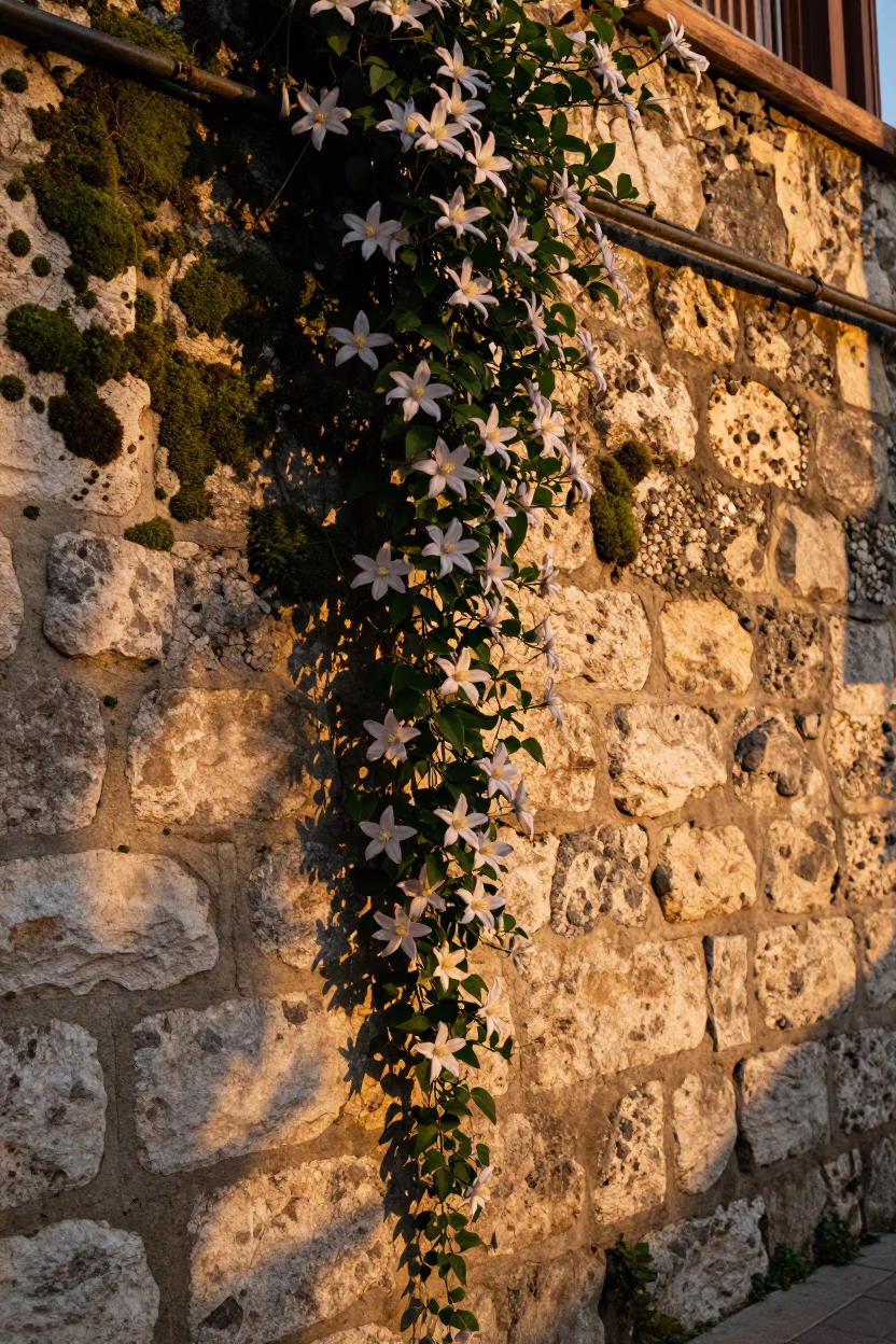 Istanbul Turkey honeyed evening light stone wall moss and clematis vine traditional architecture in in Istanbul, Turkey