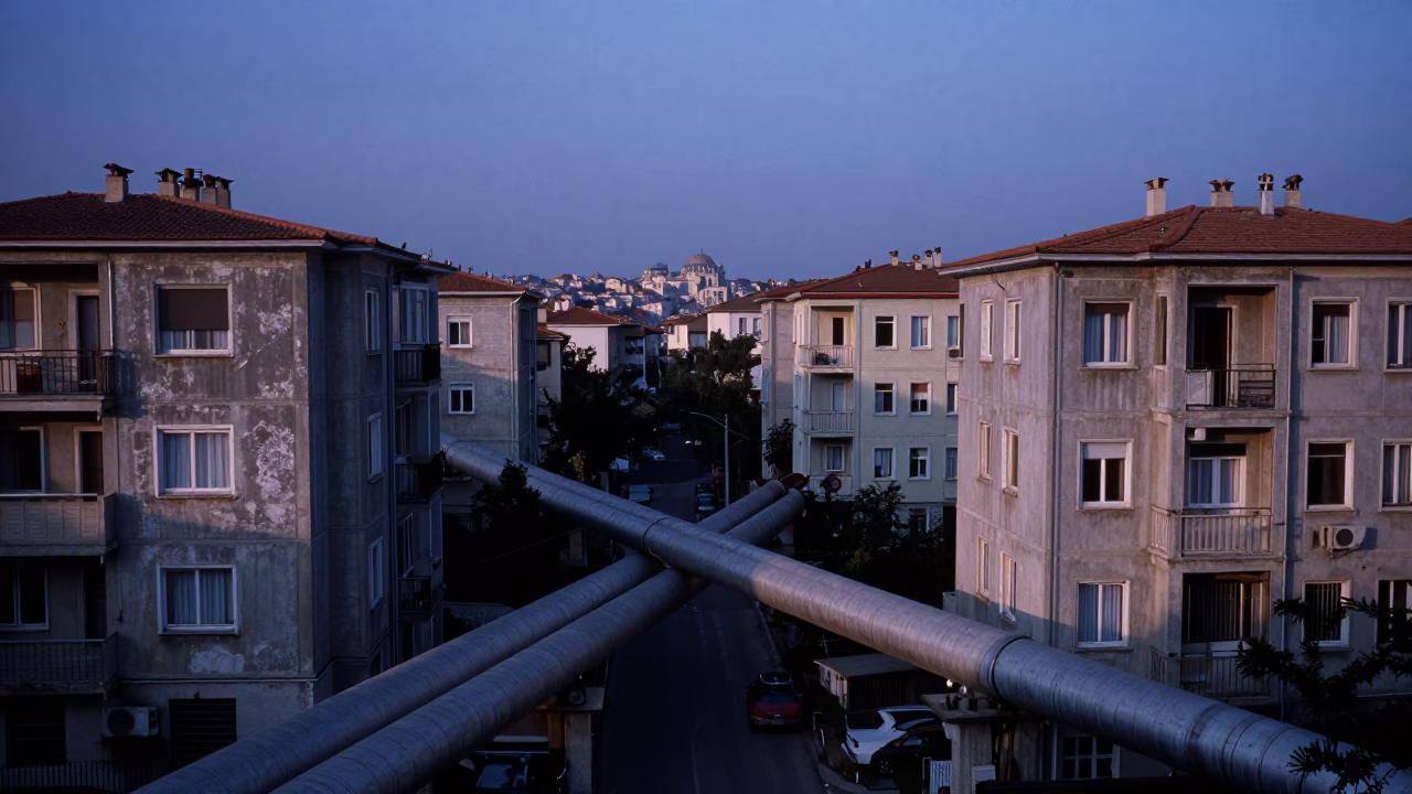 Istanbul Turkey Indigo Twilight District Heating Pipes Crossing Between Concrete Apartment Blocks in in Istanbul, Turkey