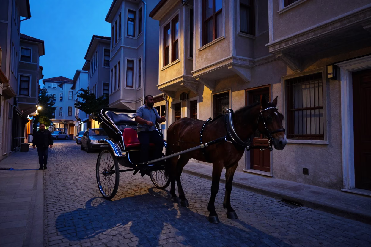 Istanbul Turkey indigo twilight street scene with rickshaw driver and local activity in in Istanbul, Turkey