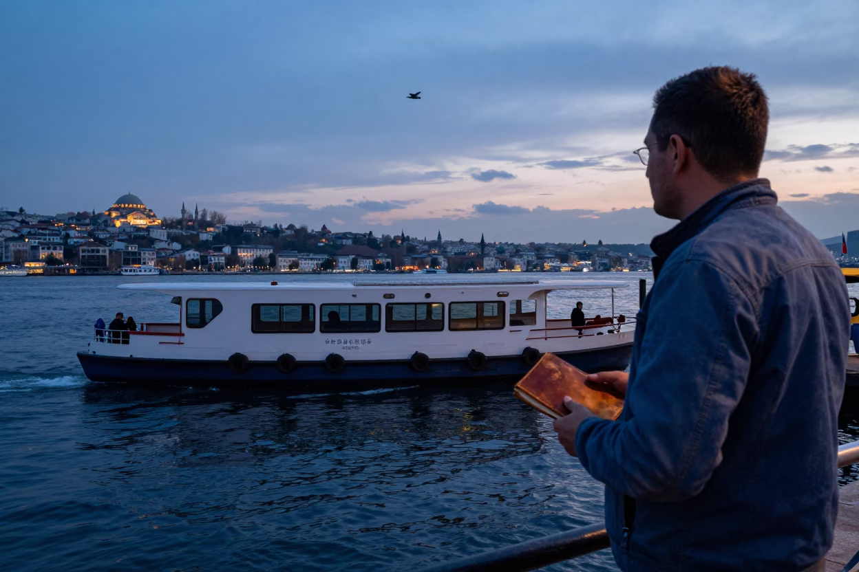 Istanbul Turkey Indigo Twilight Water Taxi Dock Scene with Local Life in in Istanbul, Turkey