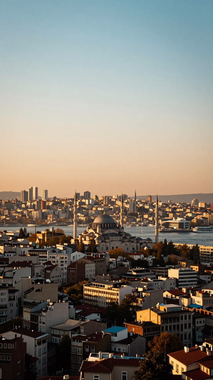 Istanbul Turkey Late Afternoon Horizon Shot with Golden Light and Urban Landscape in in Istanbul, Turkey