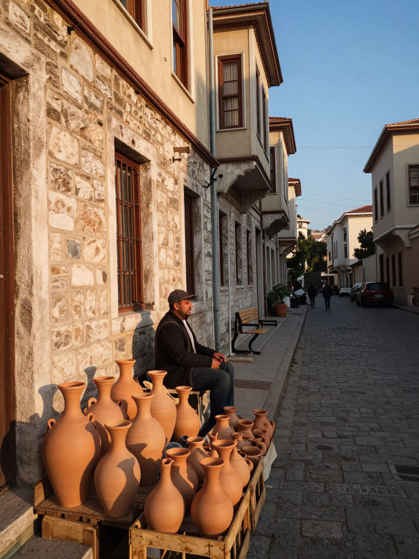 Istanbul Turkey Late Afternoon Street Scene with Clay Pot and Cooking Pot in in Istanbul, Turkey