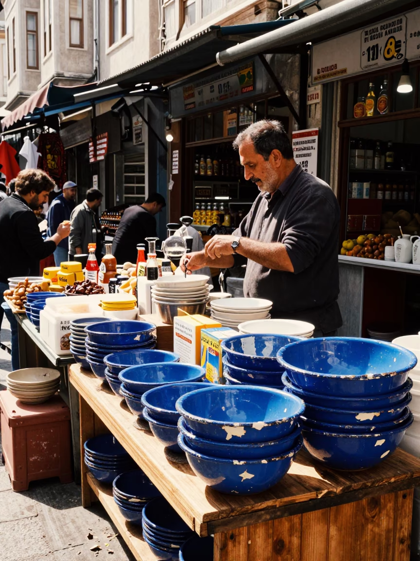 Istanbul Turkey Market Stall with Chipped Blue Enamel and Iskender Kebab in Midmorning Light in in Istanbul, Turkey