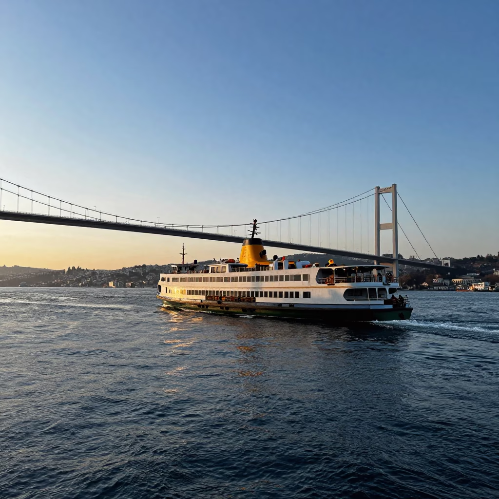 Istanbul Turkey Nautical Dawn Bosphorus Ferry and Bridge Shadows in in Istanbul, Turkey