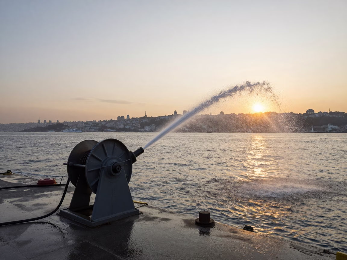 Istanbul Turkey Nautical Dawn Hydrophone Winch Spraying Droplets Into Golden Harbor Light in in Istanbul, Turkey