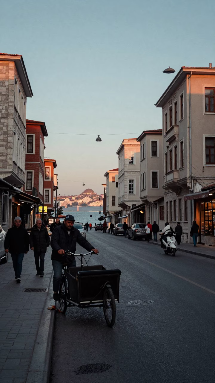 Istanbul Turkey Nautical Dawn Street Scene with Cargo Bicycle and Flowers in in Istanbul, Turkey