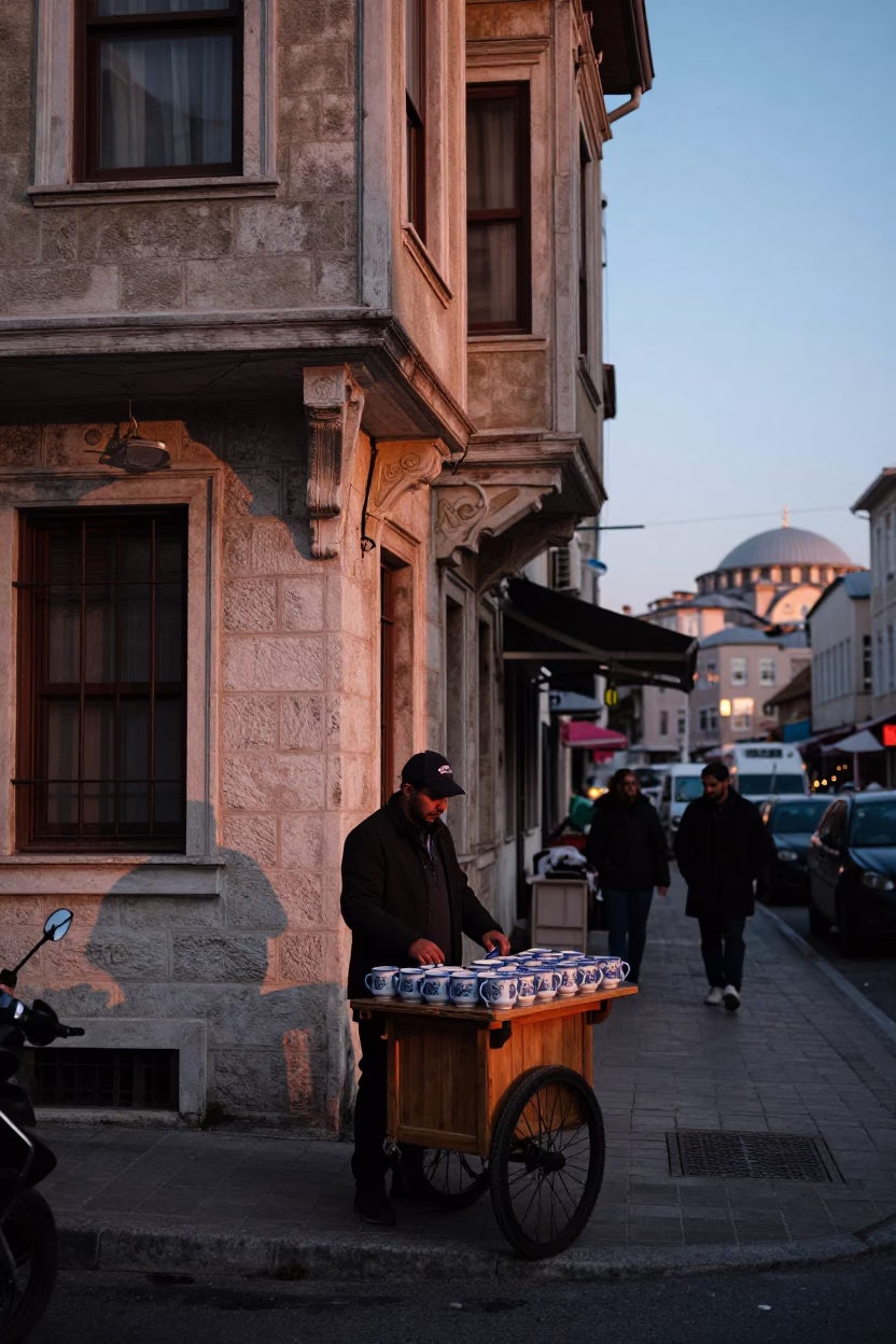 Istanbul Turkey Nautical Dawn Street Scene with Ceramic Mugs and Urban Details in in Istanbul, Turkey