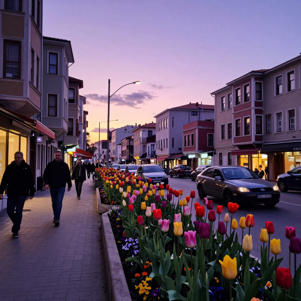 Istanbul Turkey Nautical Dawn Street Scene with Colorful Tulips and Urban Overpass Silhouette in in Istanbul, Turkey