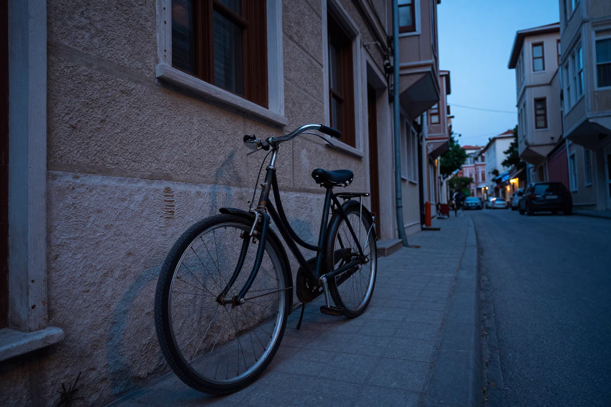 Istanbul Turkey Nautical Dawn Street Scene with Vintage Bicycle and Lantern Near Galata Bridge in in Istanbul, Turkey