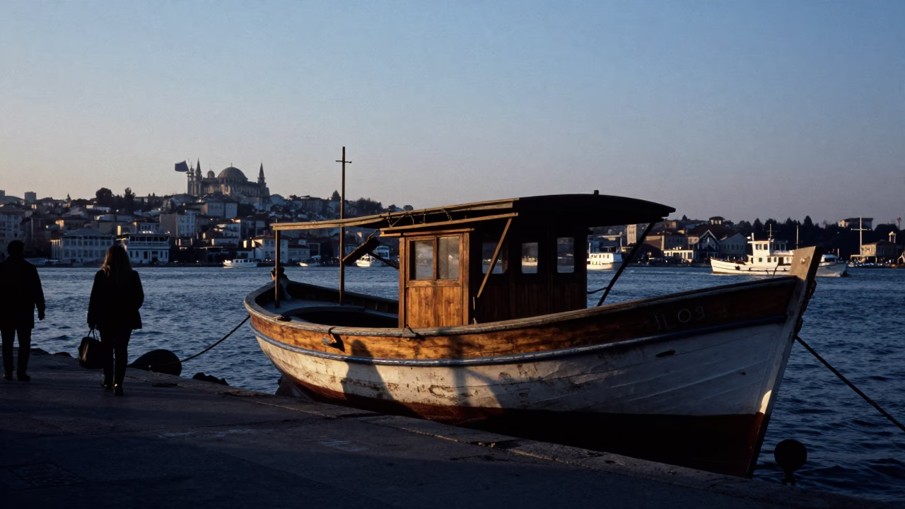 Istanbul Turkey Nautical Dawn Street Scene with Wooden Fishing Boat at Anchor in in Istanbul, Turkey