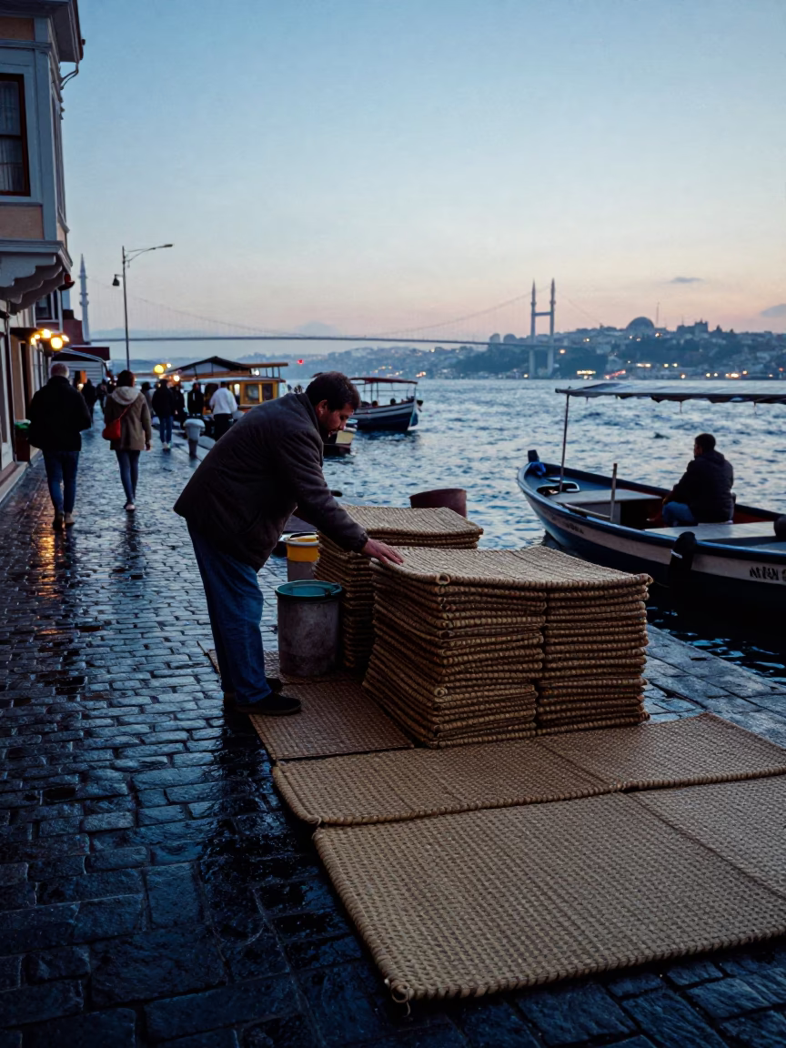 Istanbul Turkey Nautical Dawn Street Scene with Woven Mats and Urban Canal in in Istanbul, Turkey