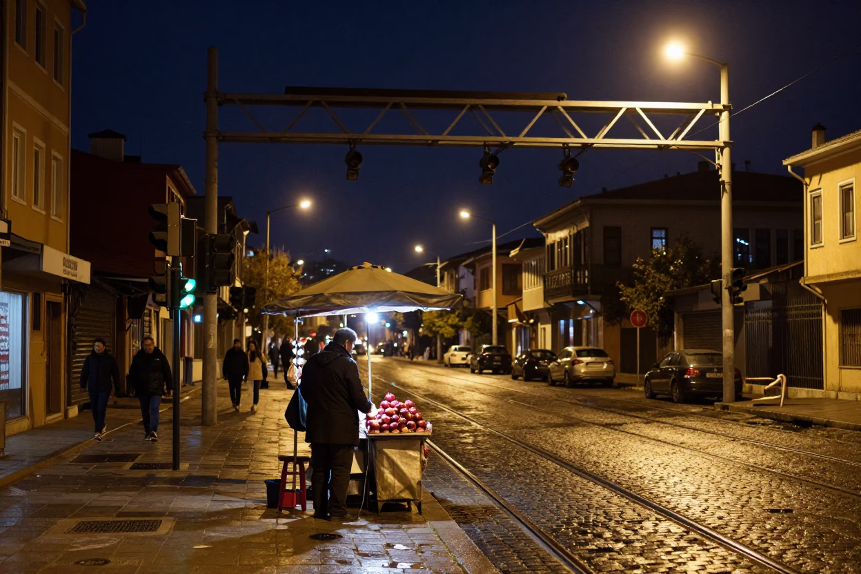 Istanbul Turkey Night Street Scene with Pomegranate Vendor and Signal Gantry in in Istanbul, Turkey