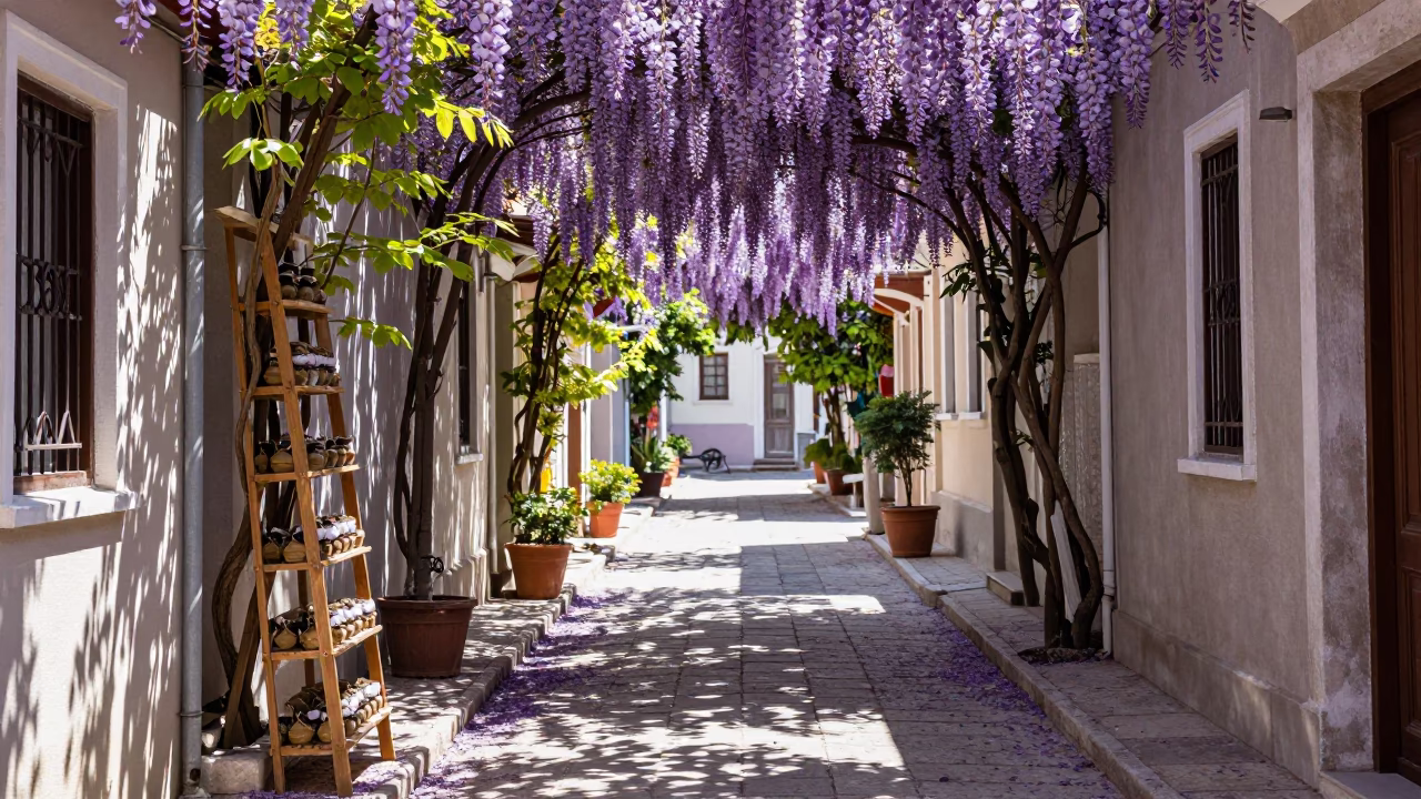 Istanbul Turkey Noon Light Wisteria Tunnel Vineyard Shelf Ladder Tea Stain Realistic Street Scene in in Istanbul, Turkey