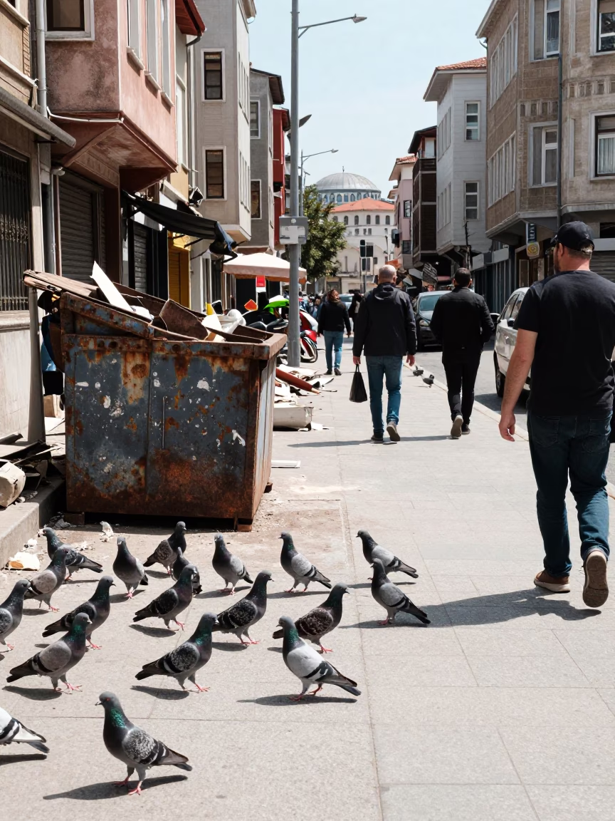 Istanbul Turkey Noon Street Scene with Pigeons and Urban Debris Under Flat Sunlight in in Istanbul, Turkey