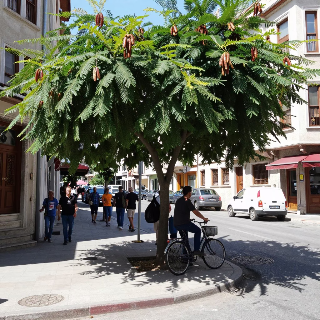 Istanbul Turkey Noon Street Scene with Tamarind Tree and Bicycle Rack in in Istanbul, Turkey