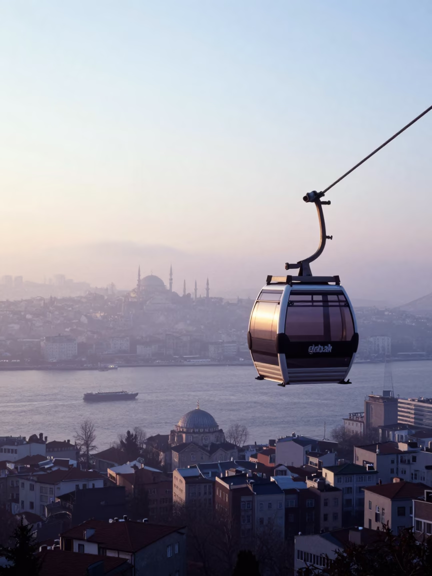 Istanbul Turkey Pre-Dawn Bosphorus Tramway Fog and Cityscape Horizon in in Istanbul, Turkey