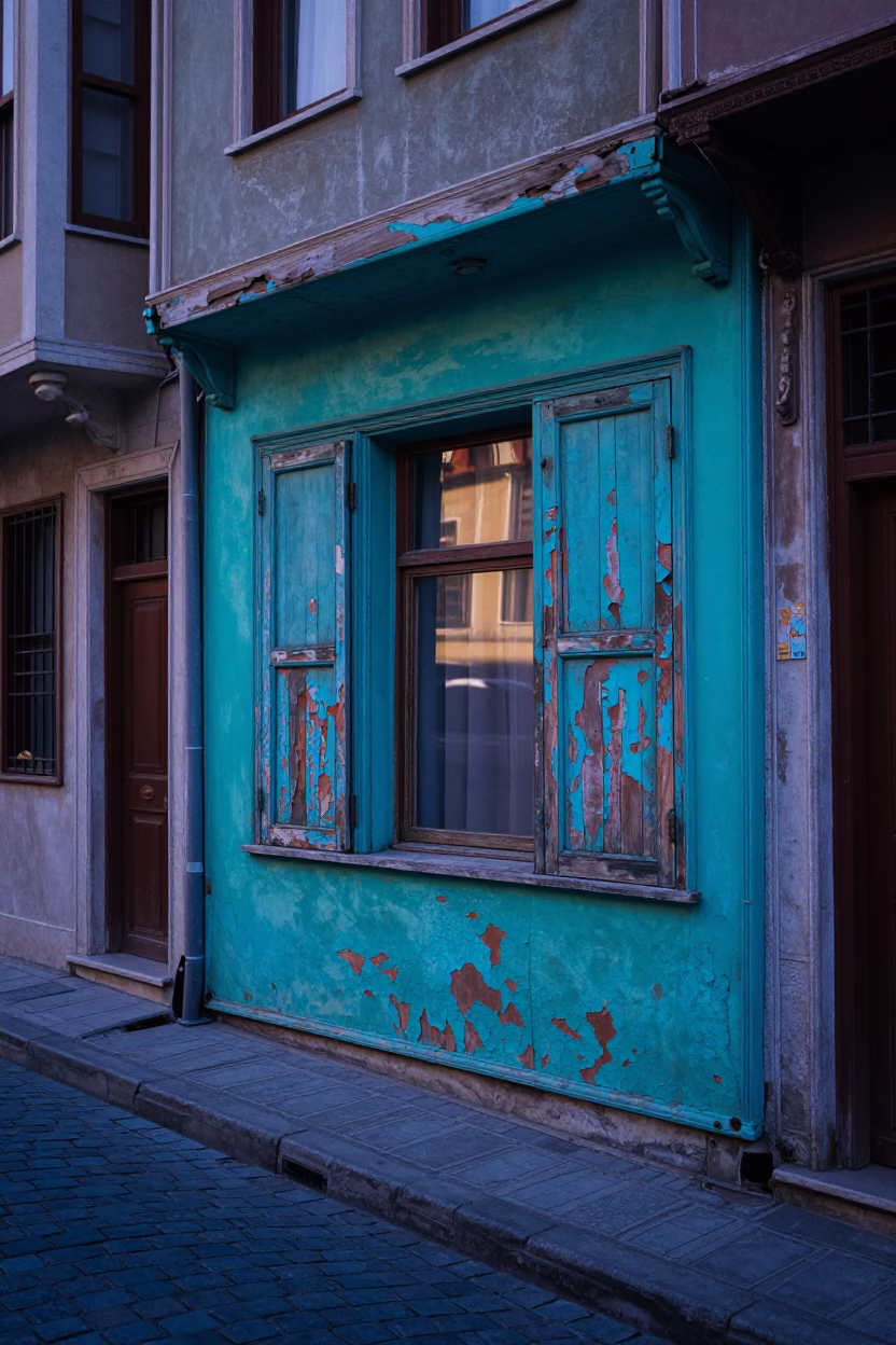 Istanbul Turkey Pre-Dawn Street Scene Peeling Turquoise Paint and Morning Bread in in Istanbul, Turkey