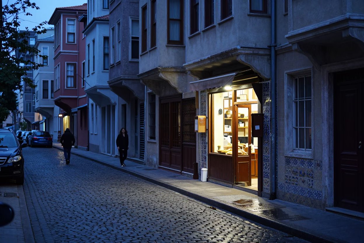 Istanbul Turkey Pre-Dawn Street Scene with Ceramic Tile Shop and Newspaper Vendor in in Istanbul, Turkey