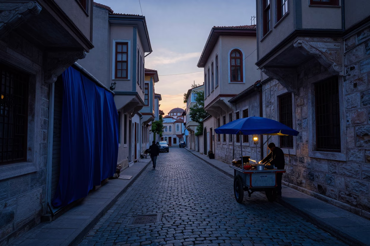 Istanbul Turkey Pre-Dawn Street Scene with Indigo Fabric and Early Morning Activity in in Istanbul, Turkey