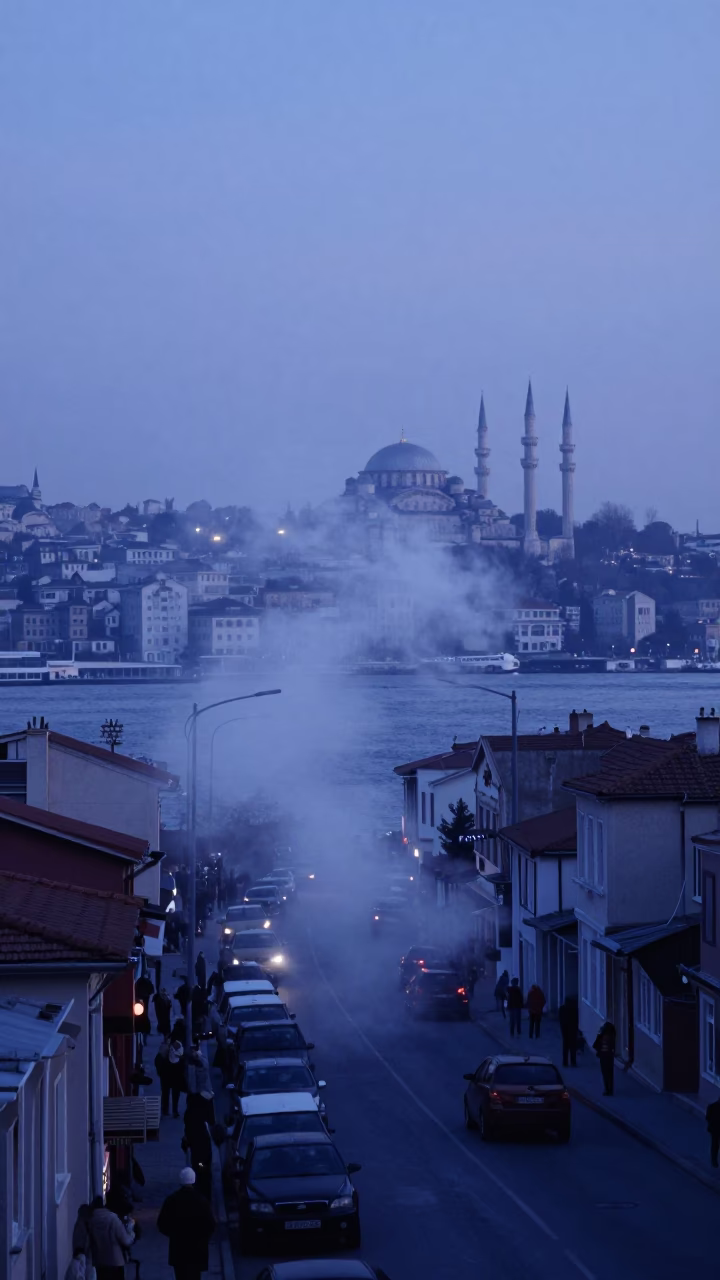 Istanbul Turkey Pre-Dawn Street Scene With Steam Haze And Harbor Beacon in in Istanbul, Turkey