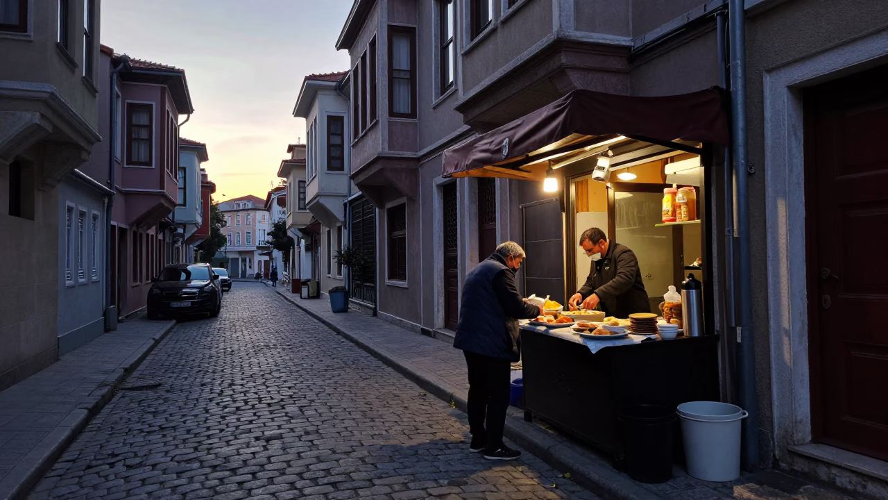 Istanbul Turkey Pre-Dawn Street Scene with Thermos and Local Breakfast in in Istanbul, Turkey
