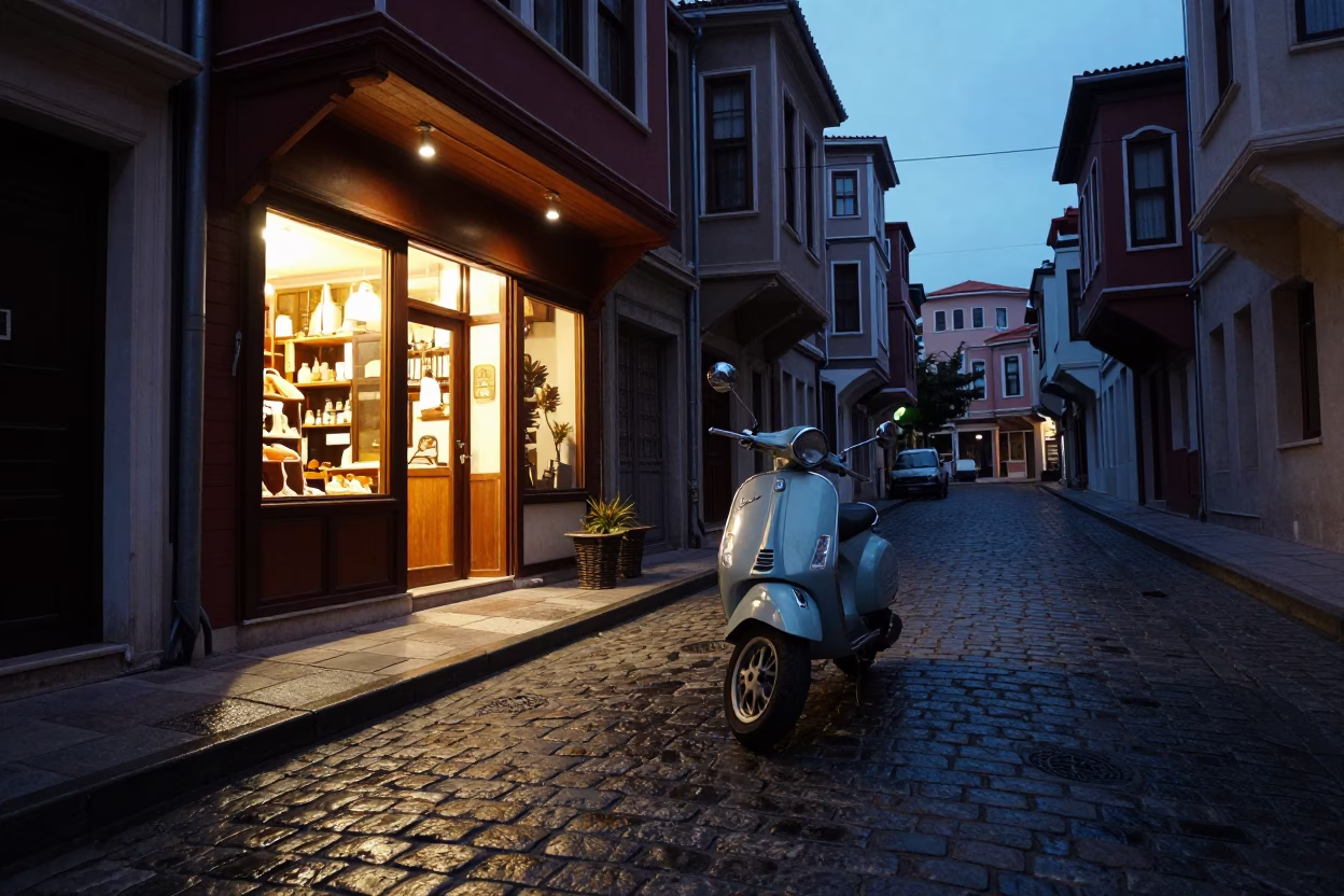 Istanbul Turkey Predawn Street Scene with Vintage Vespa on Cobblestone Lane in in Istanbul, Turkey