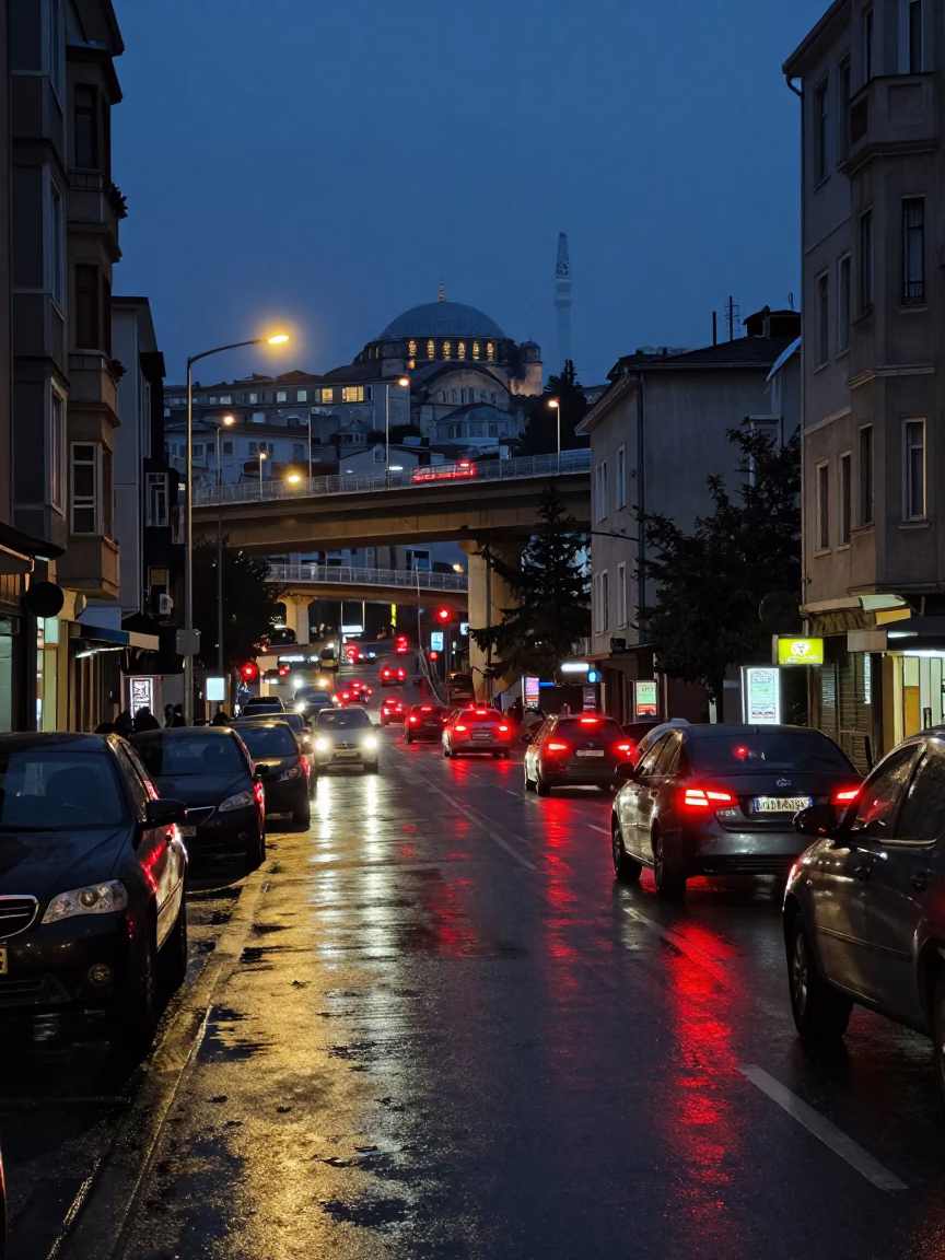 Istanbul Turkey Predawn Street Scene with Wet Asphalt and Glowing Taillights After Rain in in Istanbul, Turkey