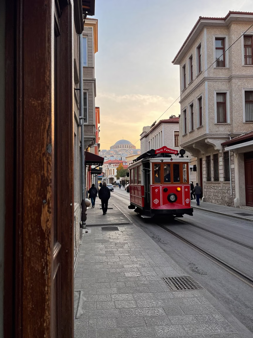 Istanbul Turkey Street Scene After Sunrise with Cable Car and Local Life in in Istanbul, Turkey