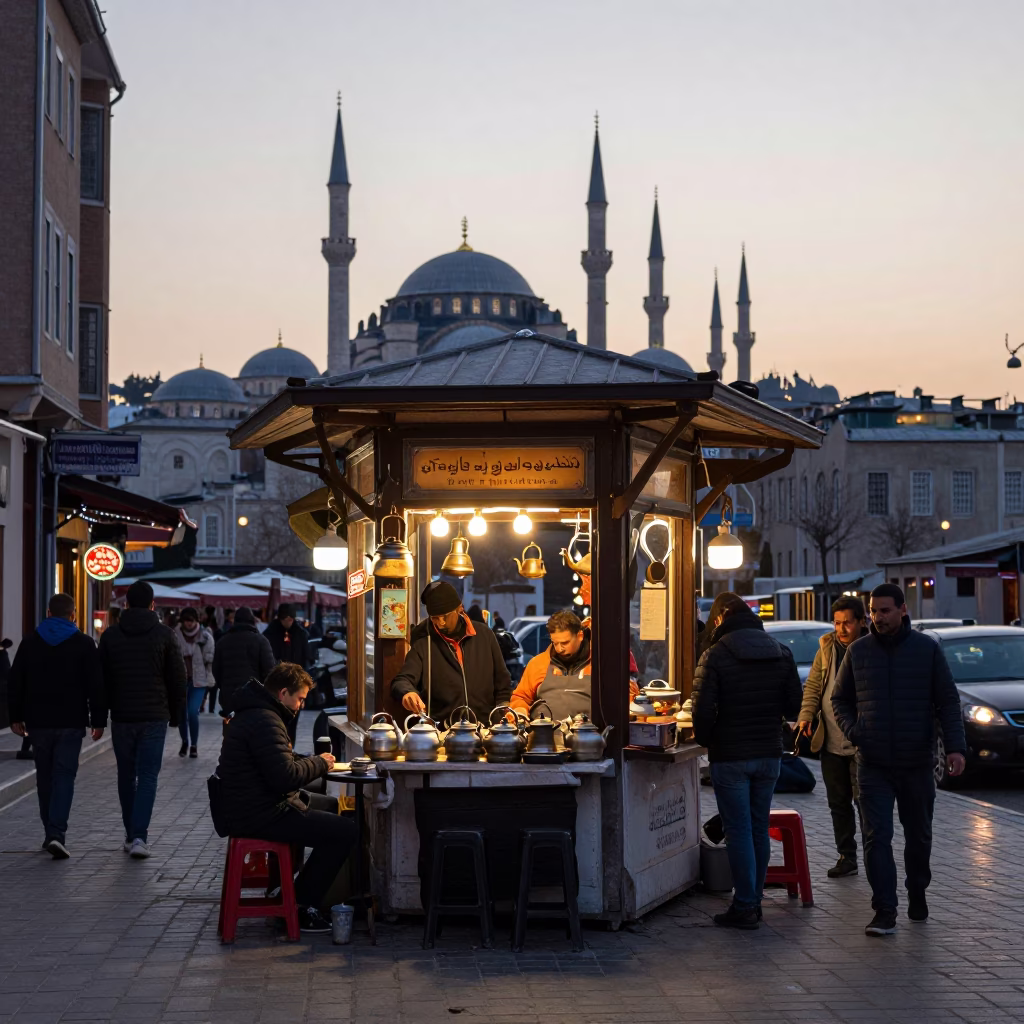 Istanbul Turkey street scene before dawn with tea kettles and local vendors in in Istanbul, Turkey