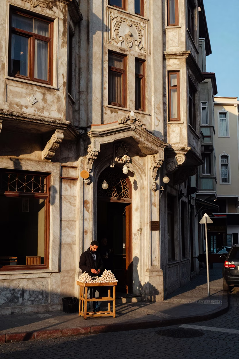 Istanbul Turkey Street Scene Late Afternoon Light with Art Deco Facade and Local Life in in Istanbul, Turkey