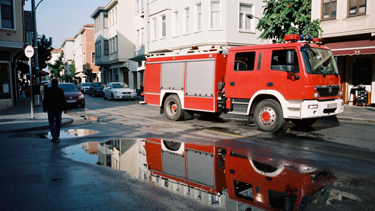 Istanbul Turkey street scene midmorning with fire engine and puddle reflections in in Istanbul, Turkey