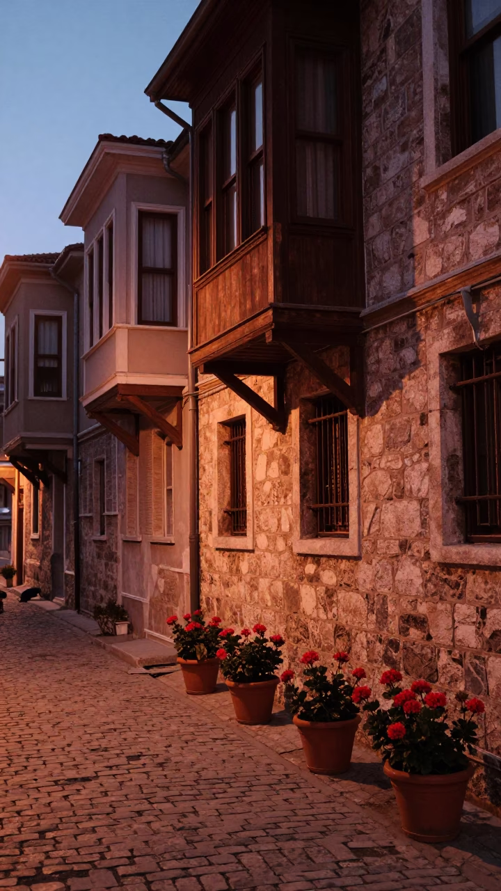 Istanbul Turkey street scene with potted geraniums and copper dusk light in in Istanbul, Turkey