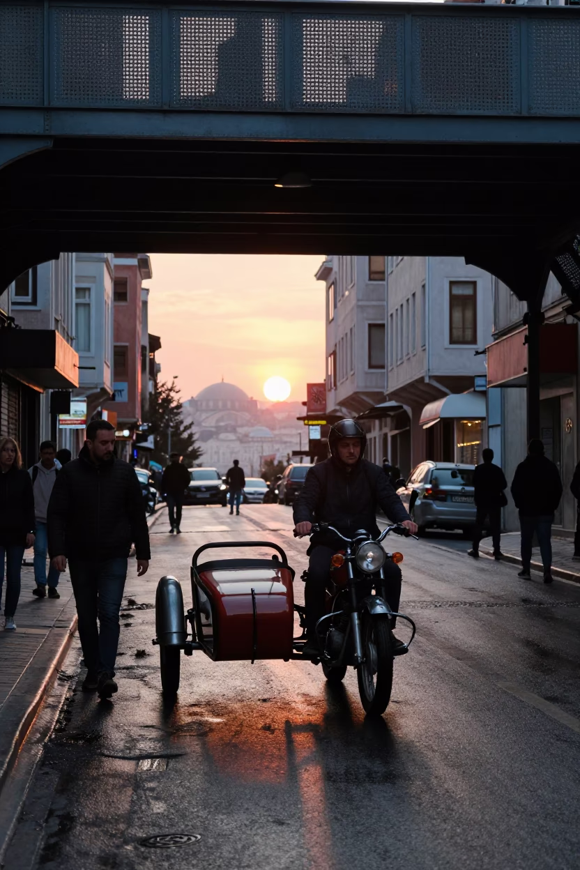 Istanbul Turkey street scene with vintage motorcycle sidecar and pedestrian overpass at sunset in in Istanbul, Turkey