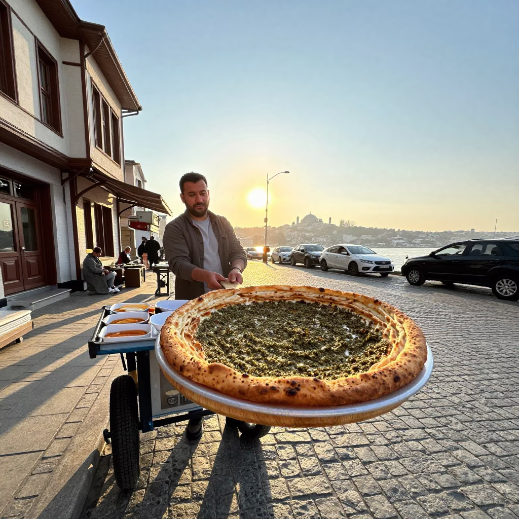 Istanbul Turkey Sunrise Breakfast Scene with Zaatar Manakeesh and Traditional Bread in in Istanbul, Turkey