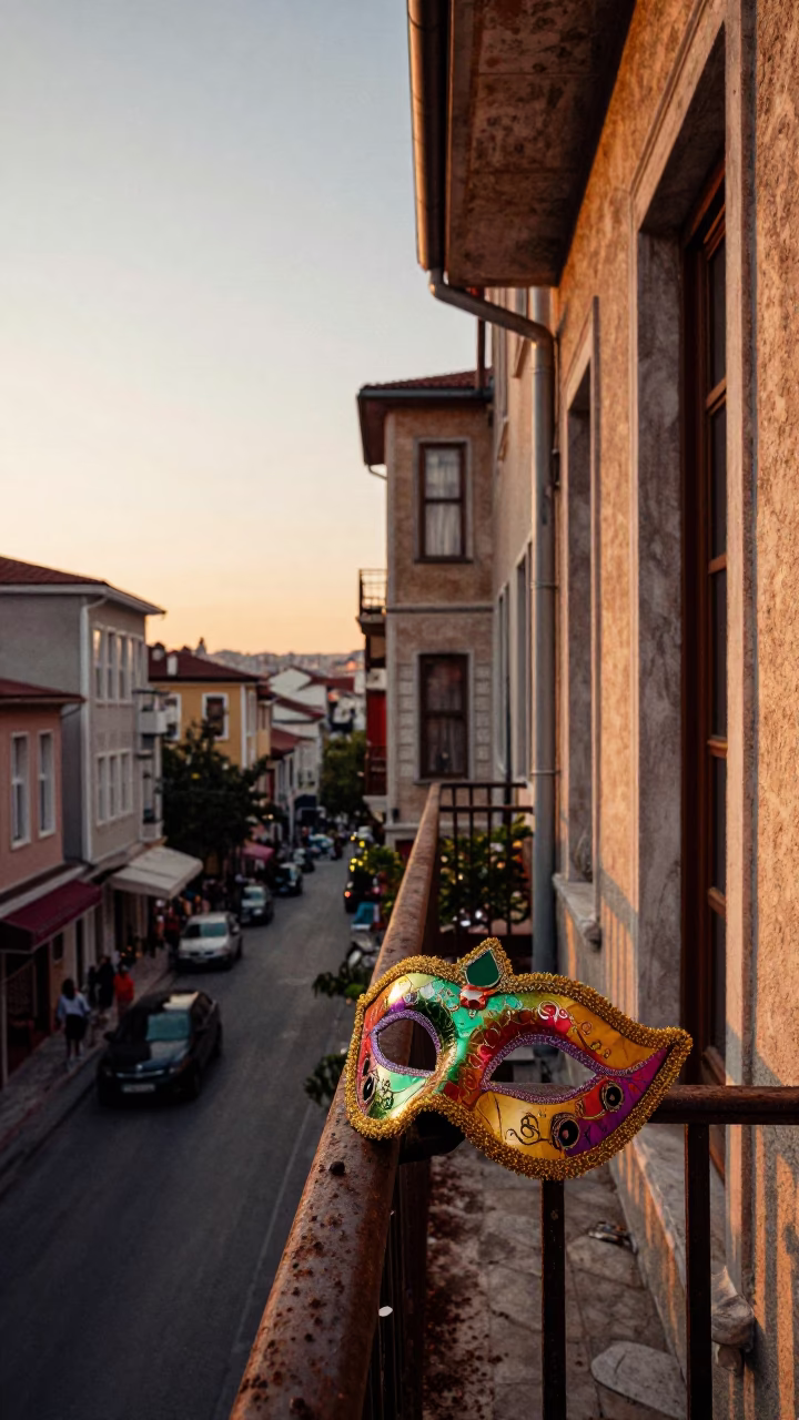 Istanbul Turkey Sunset Balcony Street Scene with Mardi Gras Mask in in Istanbul, Turkey